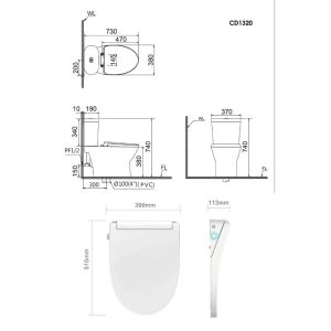 Bàn cầu hai khối nắp điện tử CAESAR mã CD1320+TAF512H