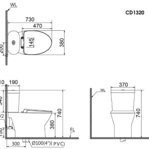 Bàn cầu hai khối nắp điện tử CAESAR mã CD1320+TAF610H