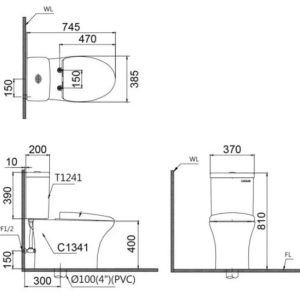 Bàn cầu hai khối nắp điện tử CAESAR mã CD1341+TAF610H