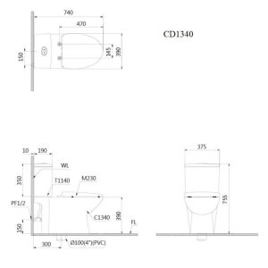 Bàn cầu hai khối nắp điện tử CAESAR mã CD1341+TAF710H