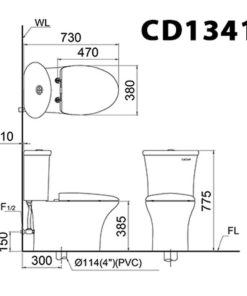 Bàn cầu hai khối nắp điện tử CAESAR mã CD1341+TAF710H