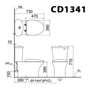Bàn cầu hai khối nắp điện tử CAESAR mã CD1341+TAF710H