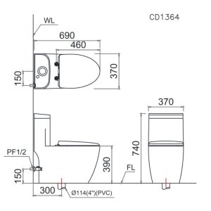 Bàn cầu một khối nắp cơ CAESAR mã C1364F+TAF512H