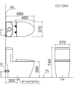Bàn cầu một khối nắp điện tử CAESAR mã C1364F + TAF710H