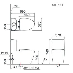 Bàn cầu một khối nắp điện tử CAESAR mã C1364F + TAF710H