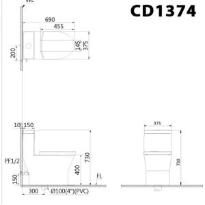 Bàn cầu một khối nắp điện tử CAESAR mã C1374F + TAF710H
