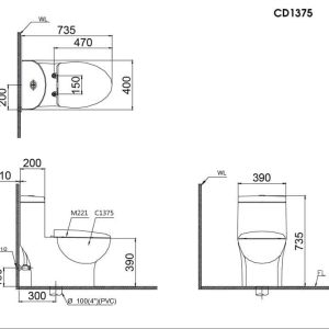 Bàn cầu một khối nắp điện tử CAESAR mã C1375F + TAF610H