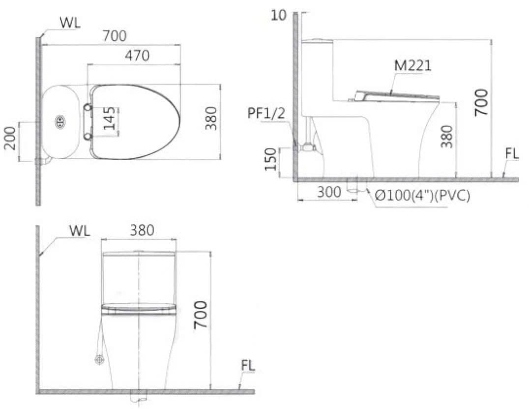 Bàn cầu một khối nắp điện tử CAESAR mã C1395F + TAF512H