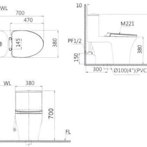 Bàn cầu một khối nắp điện tử CAESAR mã C1395F + TAF710H
