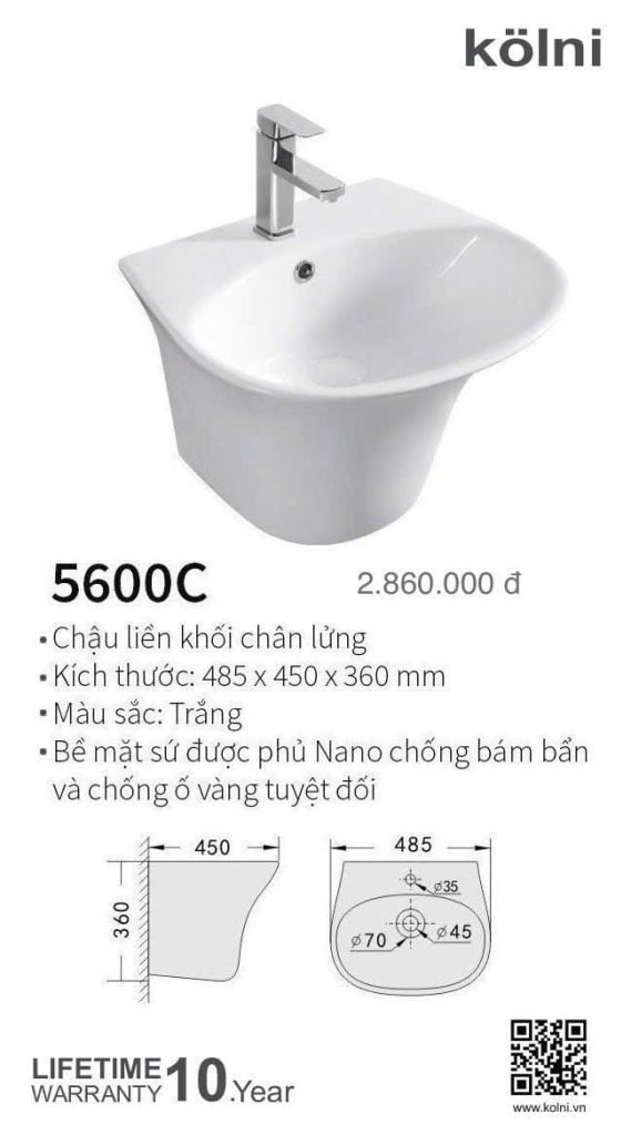 Chậu liền khối chân lửng Kolni mã 5600C